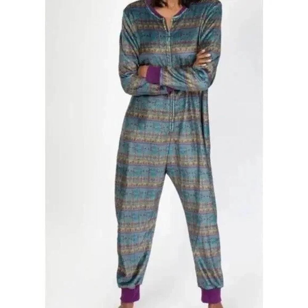 Natural Life Pajamas One Piece‎ Fleece Union Suit Womens Sz Large XL Purple Boho